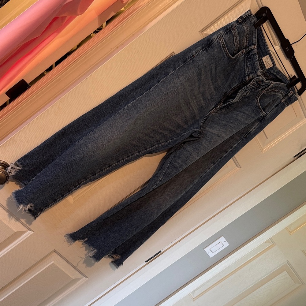 Anthropologie Dark Indigo Frayed-Hem Wide Leg Jeans